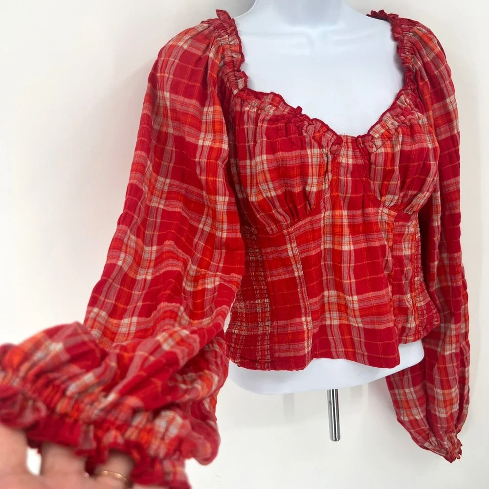 Free People Cherry Bomb Madrass Revolve Smocked Waist Puffed Sleeve Boho Cottage - Picture 2 of 7